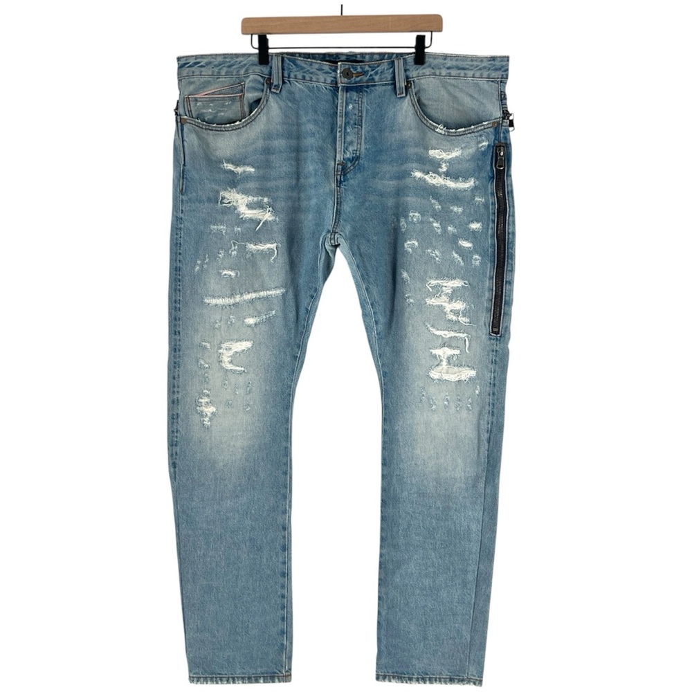Cult of Individuality Rebel Straight Distressed Light Blue Jeans Zipper Size 44